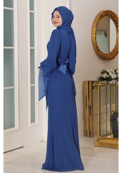 Kol Detaylı Firuze Şifon Tesettür Abiye fırsatları