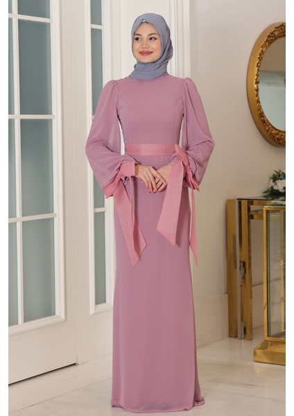 Kol Detaylı Firuze Şifon Tesettür Abiye