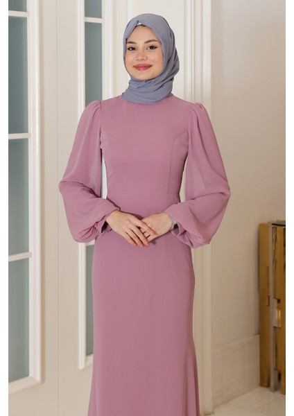 Kol Detaylı Firuze Şifon Tesettür Abiye fiyatları