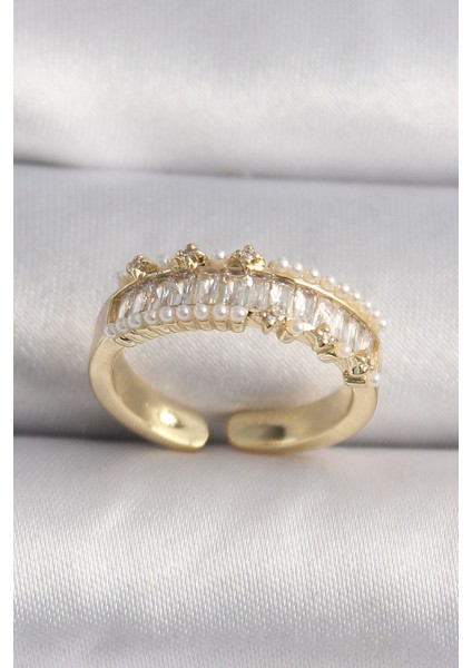 Bfs Pirinç Gold Renk Zirkon Taşlı Inci Detay Vıp Seri Kadın Yüzük