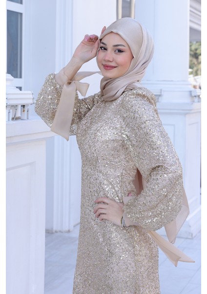 Parıltılı Kol Detaylı Şimal Tesettür Büyük Abiye modelleri