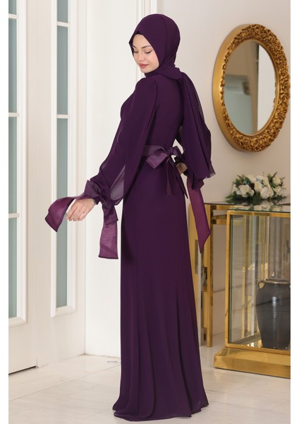 Kol Detaylı Firuze Şifon Tesettür Abiye fırsatları