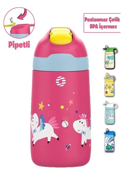 Çocuk 350 ml Pipetli Çelik Matara Paslanmaz Çelik Termos 5 Farklı Renk 2055-350ML (Yurt Dışından)
