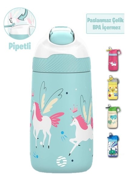 Çocuk 350 ml Pipetli Çelik Matara Paslanmaz Çelik Termos 5 Farklı Renk 2055-350ML (Yurt Dışından)