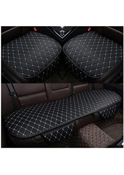 Araba Koltuk Minderi Ön ve Arka Takım 3 Parça Aracınıza Stil Katın Siyah Kumaş Beyaz