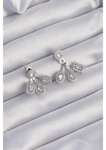 Bfs Pirinç Gümüş Renk Zirkon Taşlı Geometrik Model Küpe