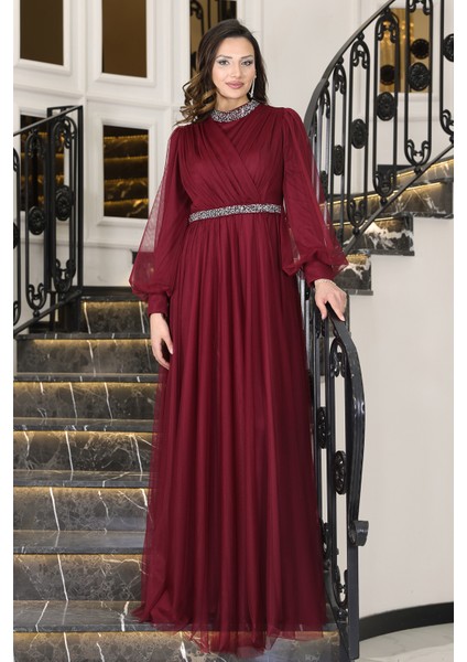 Senna Taş Detaylı Büyük Beden Şık Tesettür Abiye