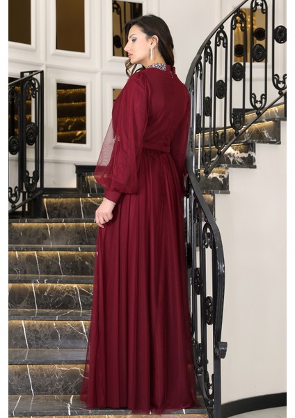 Senna Taş Detaylı Büyük Beden Şık Tesettür Abiye