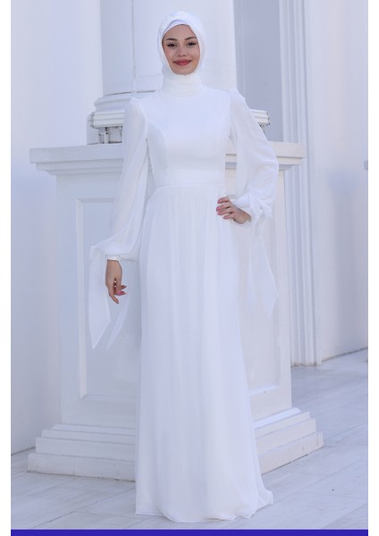 Kol Detaylı Firuze Şifon Tesettür Abiye