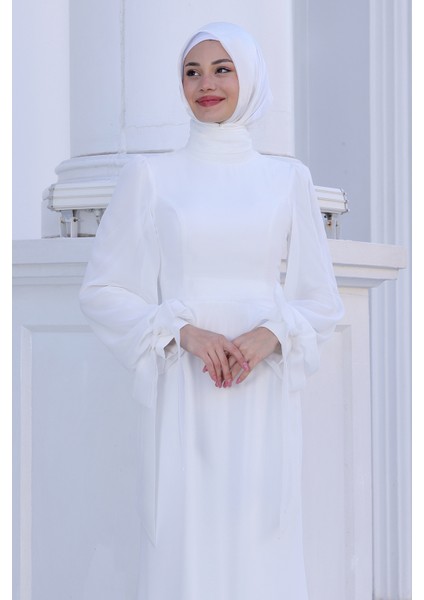 Kol Detaylı Firuze Şifon Tesettür Abiye fiyatları