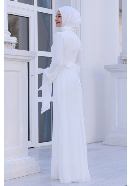 Kol Detaylı Firuze Şifon Tesettür Abiye modelleri