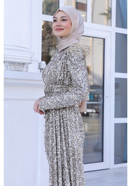 Parıltılı Kol Tüy Detaylı Şura Tesettür Büyük Abiye modelleri