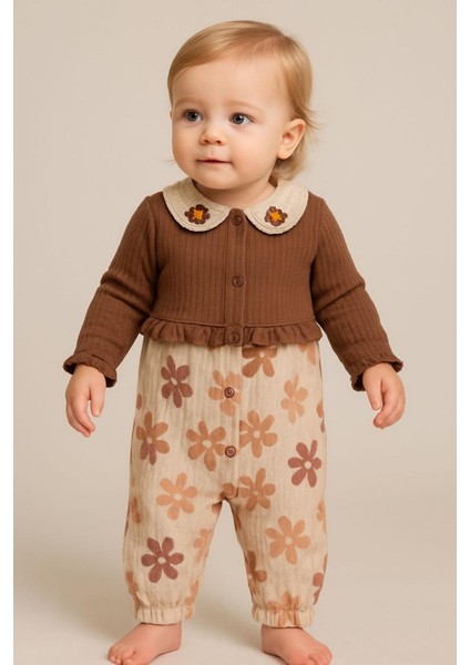 Kız Bebek Furuna Çiçek Baskılı Tulum Kahverengi modelleri