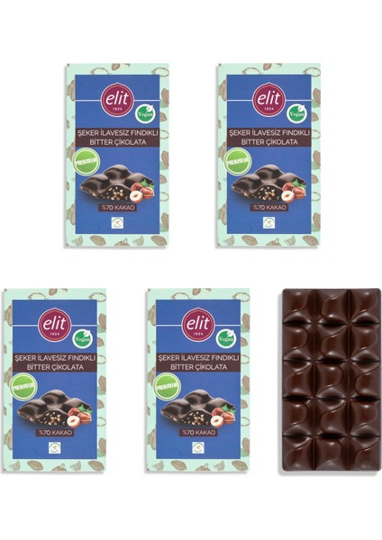 Fındıklı, Şeker İlavesiz, Vegan ve Prebiyotik Bitter Çikolata 60g 5'li Set (5x60g) Glutensiz