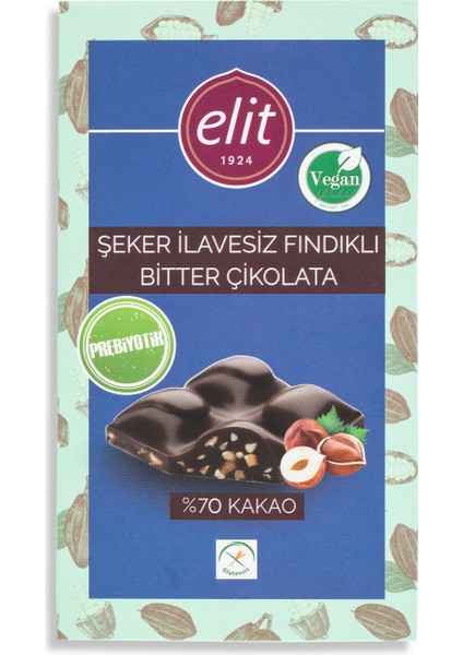 Fındıklı, Şeker İlavesiz, Vegan ve Prebiyotik Bitter Çikolata 60g 5'li Set (5x60g) Glutensiz fırsatları