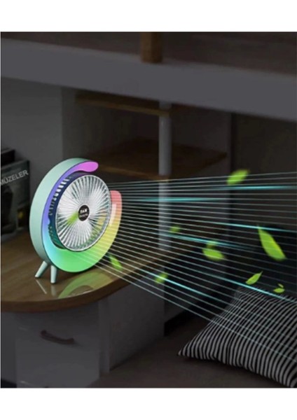 Masaüstü Vantilatör USB Şarjlı Rgb LED Işıklı 3 Kademeli 180° Ayarlanabilir Soğutucu Fan Yeşil
