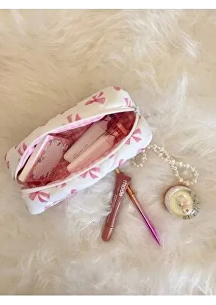 Pembe Kurdeleli Yıkanabilir Tek Gözlü Kalemlik Fermuarlı Tekil Kumaş Kalem Kutusu