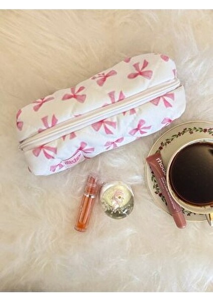 Pembe Kurdeleli Yıkanabilir Tek Gözlü Kalemlik Fermuarlı Tekil Kumaş Kalem Kutusu