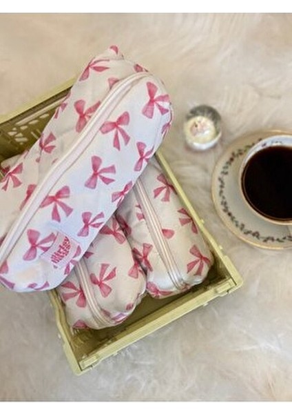 Pembe Kurdeleli Yıkanabilir Tek Gözlü Kalemlik Fermuarlı Tekil Kumaş Kalem Kutusu