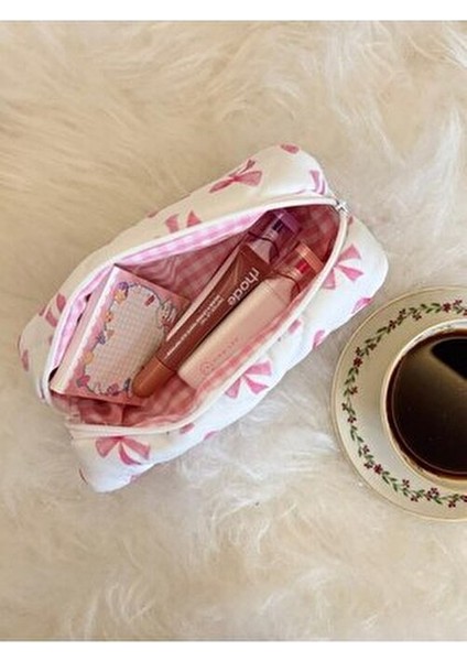 Pembe Kurdeleli Yıkanabilir Tek Gözlü Kalemlik Fermuarlı Tekil Kumaş Kalem Kutusu