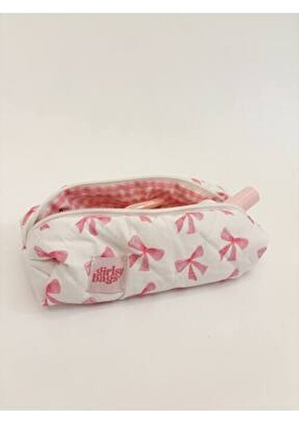 Pembe Kurdeleli Yıkanabilir Tek Gözlü Kalemlik Fermuarlı Tekil Kumaş Kalem Kutusu