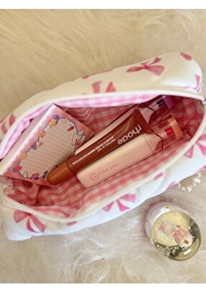 Pembe Kurdeleli Yıkanabilir Tek Gözlü Kalemlik Fermuarlı Tekil Kumaş Kalem Kutusu