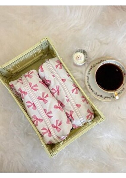 Pembe Kurdeleli Yıkanabilir Tek Gözlü Kalemlik Fermuarlı Tekil Kumaş Kalem Kutusu