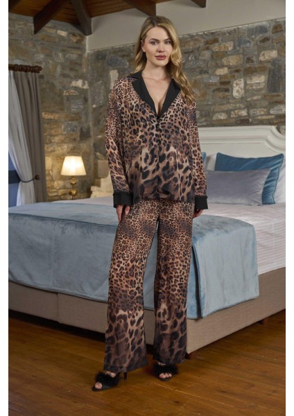 Kadın Leopar Desenli Pijama Takımı 26369
