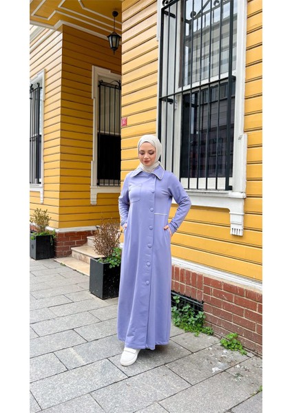 Yakalı Cepli Yandan Düğmeli Pamuklu Uzun Ferace - (38-46) - 71176 - Lila