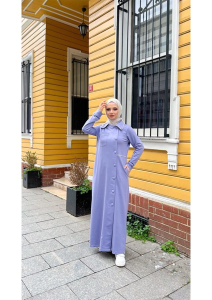 Yakalı Cepli Yandan Düğmeli Pamuklu Uzun Ferace - (38-46) - 71176 - Lila fiyatları