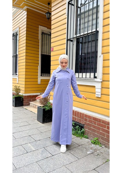 Yakalı Cepli Yandan Düğmeli Pamuklu Uzun Ferace - (38-46) - 71176 - Lila modelleri