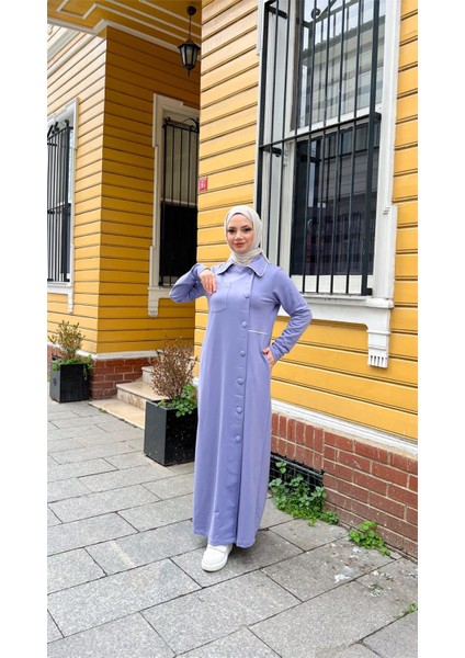 Yakalı Cepli Yandan Düğmeli Pamuklu Uzun Ferace - (38-46) - 71176 - Lila fırsatları
