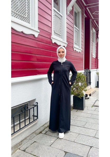 O Yaka Fermuarlı Yan Cepli Pamuklu Uzun Ferace - (38-46) - 71179 - Siyah