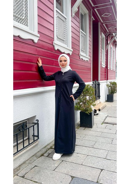 O Yaka Fermuarlı Yan Cepli Pamuklu Uzun Ferace - (38-46) - 71179 - Siyah modelleri