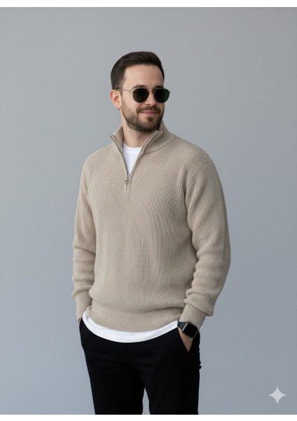 Taş Triko Yarım Fermuar Kalın Kazak