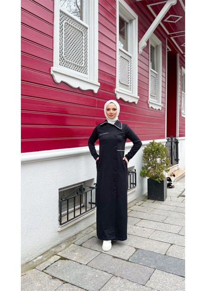 Yakalı Cepli Yandan Düğmeli Pamuklu Uzun Ferace - (38-46) - 71176 - Siyah