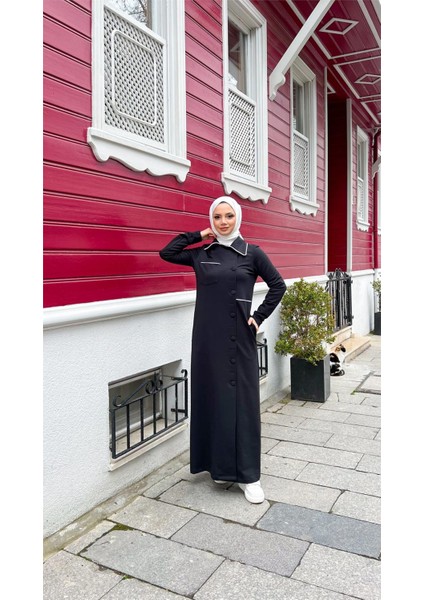 Yakalı Cepli Yandan Düğmeli Pamuklu Uzun Ferace - (38-46) - 71176 - Siyah fırsatları