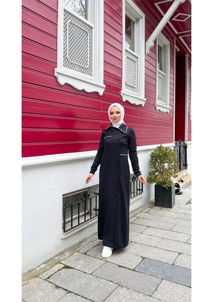 Yakalı Cepli Yandan Düğmeli Pamuklu Uzun Ferace - (38-46) - 71176 - Siyah indirimleri
