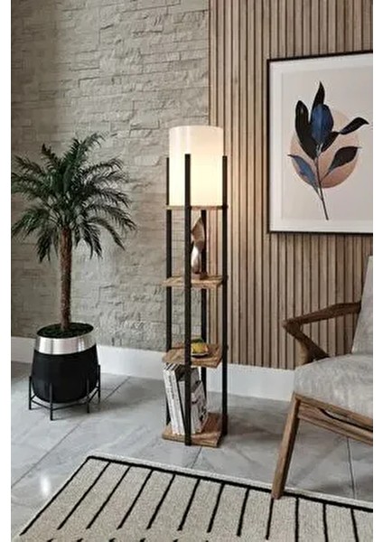 Karnaval Siyah Ceviz Kahve 3 Kat Raflı Modern Dekoratif Ahşap Mdf Lambader