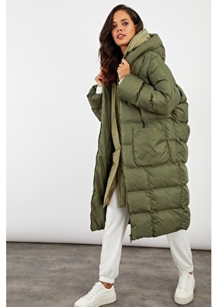 Kadın Haki Kapüşonlu Şişme Uzun Mont MX06 modelleri