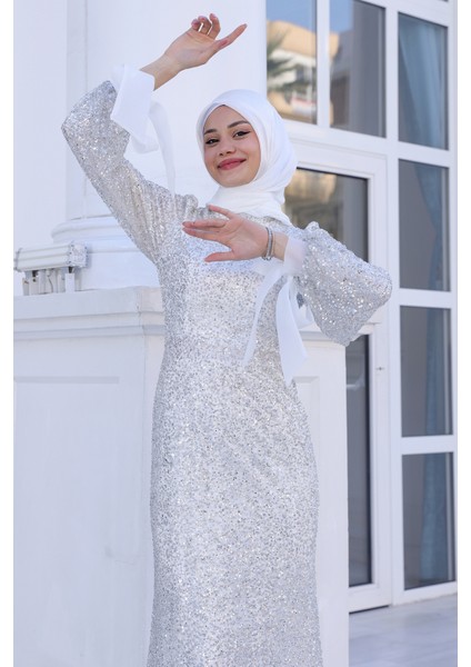 Parıltılı Kol Detaylı Şimal Tesettür Büyük Abiye modelleri