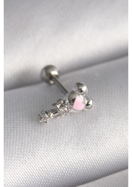 Bfs 316L Çelik Gümüş Renk Zirkon Taş Detay Pembe Kalp Işleme Tragus Piercing