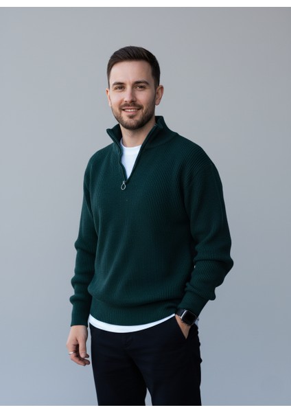 Nefti Yeşil Triko Yarım Fermuar Kalın Kazak