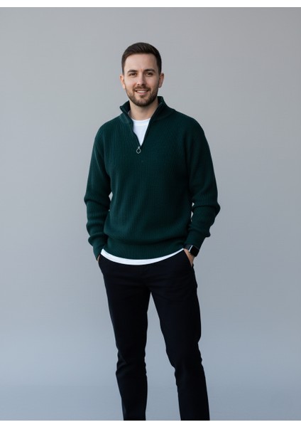 Nefti Yeşil Triko Yarım Fermuar Kalın Kazak modelleri