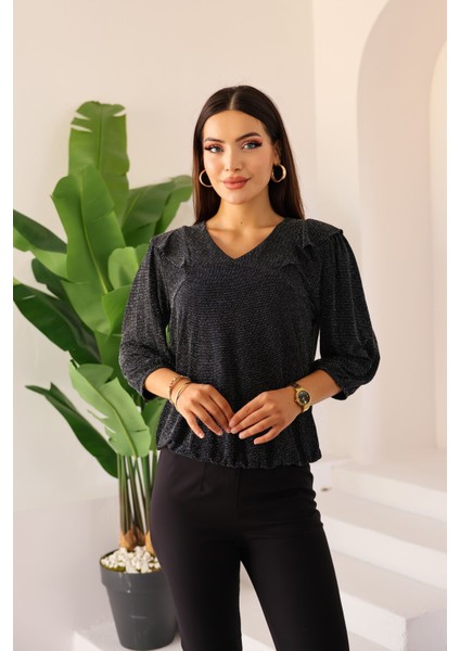 Kadın Siyah Omuz Fırfır Detaylı Taşlı/parlak/ışıltılı Uzun Kollu Bluz – Kadın Bluz fiyatları