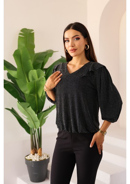 Kadın Siyah Omuz Fırfır Detaylı Taşlı/parlak/ışıltılı Uzun Kollu Bluz – Kadın Bluz modelleri