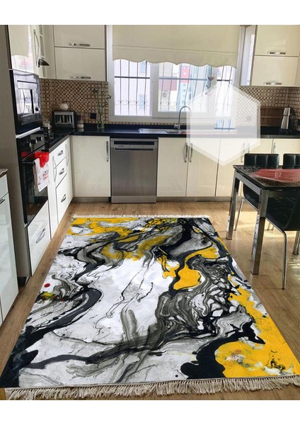 Ebru Siyah Sarı Kaymaz Tabanlı Yıkanabilir Halı Kilim Yolluk