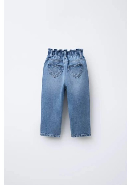 Kız Çocuk Kalp Cepli Denim Kot Pantolon Mavi