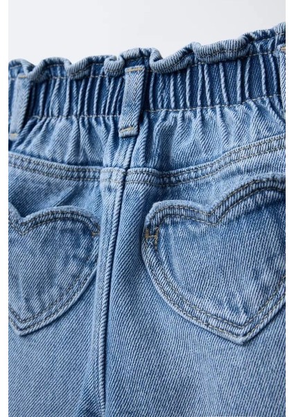 Kız Çocuk Kalp Cepli Denim Kot Pantolon Mavi