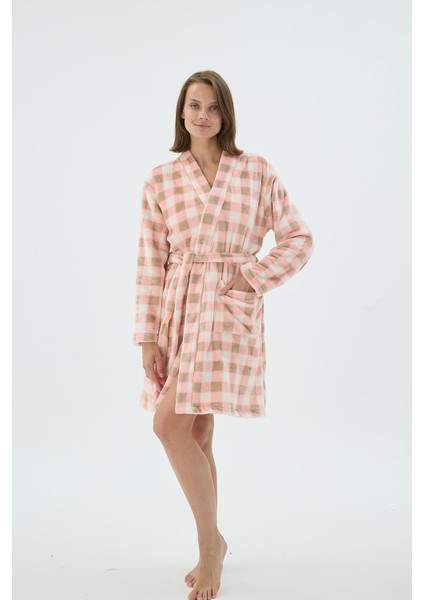 Kadın Yumuşak Kare Desenli Cepli Kemerli Sabahlık – Pembe Bej C6T8N261